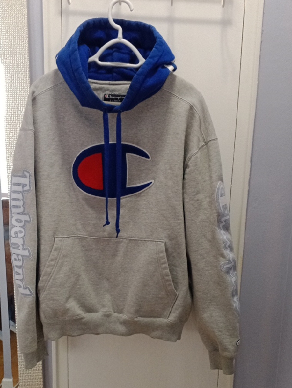 Champion Grey Hoodie with Blue Hood and Red Logo Patch dense and heavy🤩😍